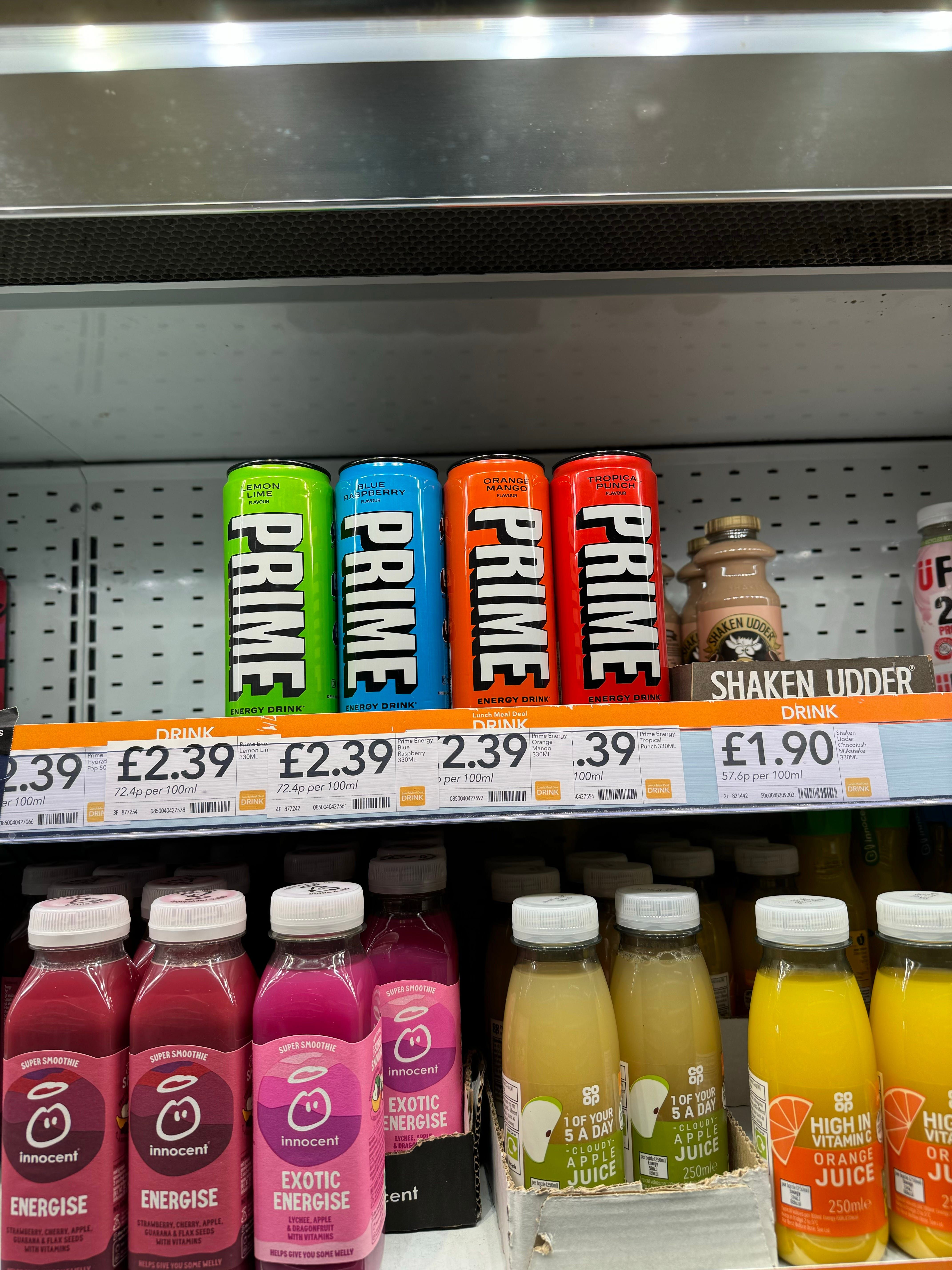 Picture taken in a local Co-op, showing an empty PRIME Hydration bay, with a full PRIME energy bay (2023, Internet Talk)