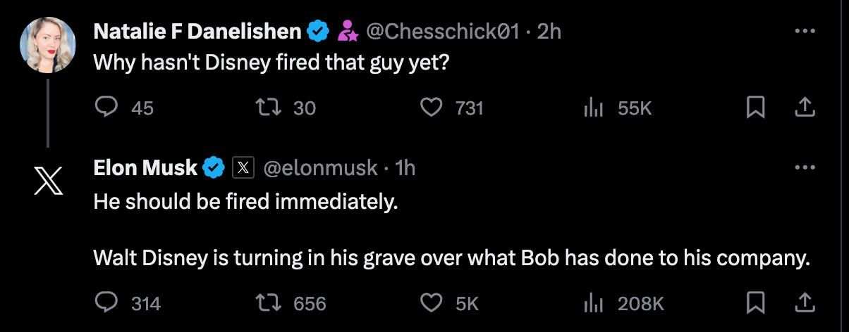 Elon directly targeting Bob Iger 1