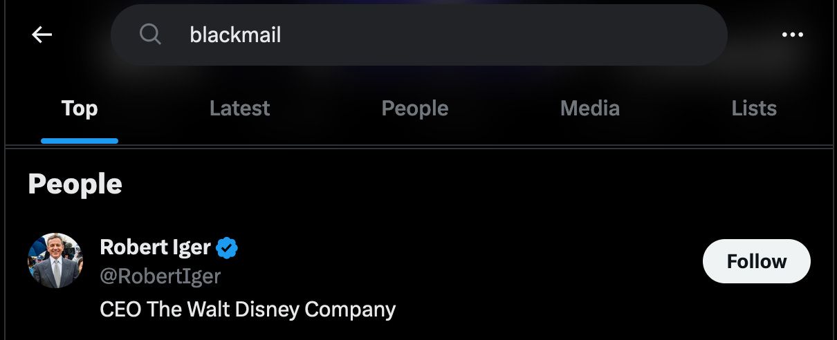 Twitter search for blackmail returning Bob Iger's profile