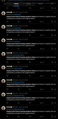 Screenshots of Twitter users repeatedly saying 'Anyone else tired of seeing random videos and memes in replies that are completed unrelated to the original tweet?'
