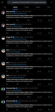 Screenshots of Twitter users repeatedly saying 'Anyone else tired of seeing random videos and memes in replies that are completed unrelated to the original tweet?'