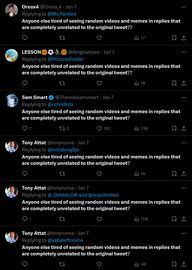 Screenshots of Twitter users repeatedly saying 'Anyone else tired of seeing random videos and memes in replies that are completed unrelated to the original tweet?'