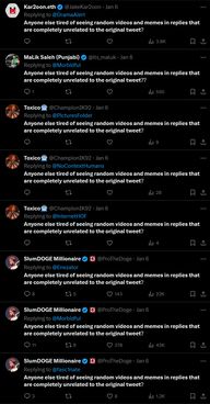 Screenshots of Twitter users repeatedly saying 'Anyone else tired of seeing random videos and memes in replies that are completed unrelated to the original tweet?'